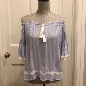 American Eagle Blue/White Striped Off Shoulder Top